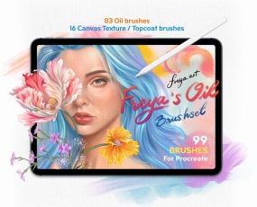 Procreate笔刷 99支丙烯酸颜料帆布纹理干湿混色油画IPAD手绘画笔
