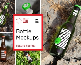 PSD贴图样机 30款玻璃啤酒瓶包装箱子酒杯瓶贴VI展示设计智能模板